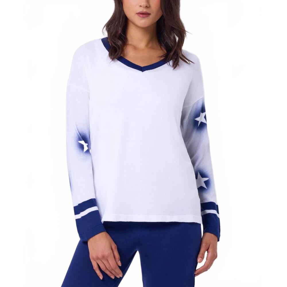 NEW ANGEL APPAREL star v-neck knit top in white/navy